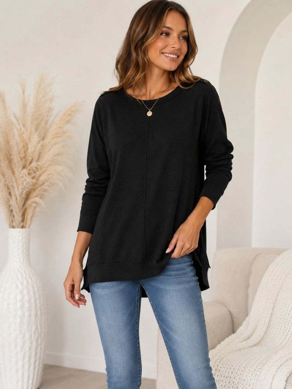 Time and Tru Black Pullover Sweatshirt Top Women’s Size L 12-14 Casual Cozy